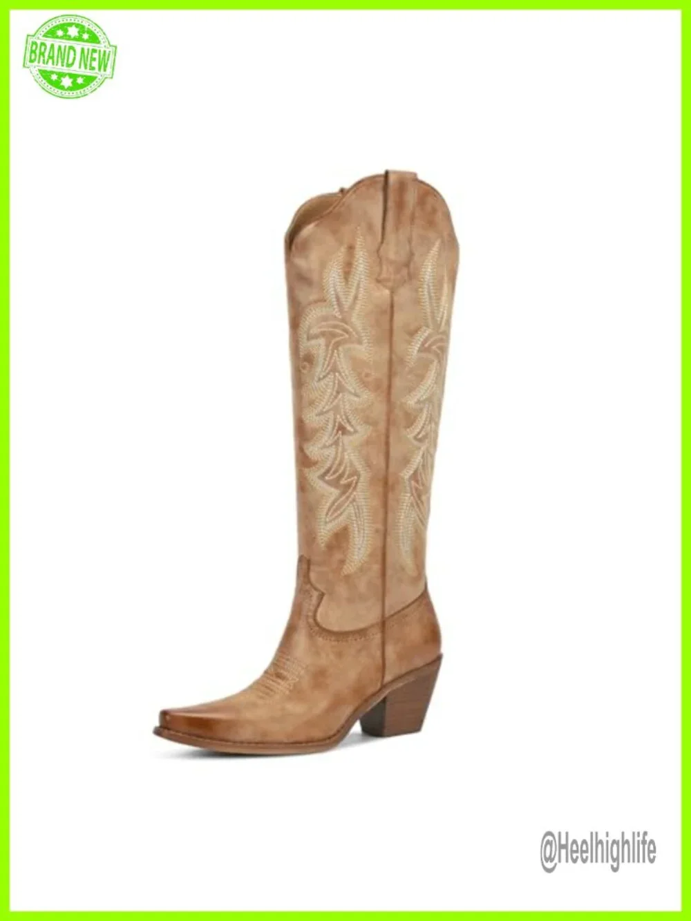 Knee High Cowboy Boots, Pointed Toe, Chunky Heel, Pull-On, Faux Leather